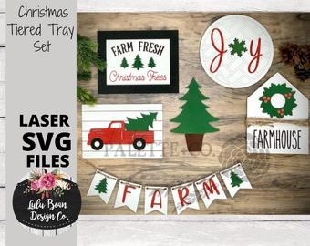 Christmas Farmhouse Little Red Truck Tiered Tray Kit Wood Sign Shiplap Herringbone Digital Cut File Laser Wood Cutting svg pdf jpg dxf