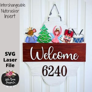 Nussknacker Weihnachten saisonale Türschild Einfügen Willkommen Adresse Zahlen Laser Glowforge Cut Datei SVG Holz Vorlage