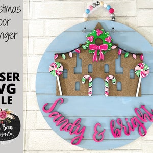 Sandy and Bright Sandcastle Christmas Round Door Hanger SVG laser Glowforge file Digital Cut  Wood Cutting template