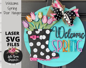 Rain Boots Flowers Welcome Spring Door Hanger Split Option Sign SVG File Digital Laser Wood Glowforge template