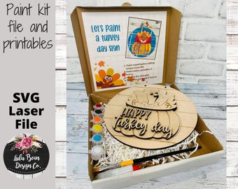 Turkey Day Pumpkin Fall Thanksgiving Wood Box DIY Paint Kit SVG Digital Cut File Glowforge Laser Wood template
