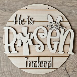 He is Risen Indeed Easter Cross Door Hanger SVG Spring bunny ears flowers Sign Digital Cut File Laser Wood Round cutting template image 3