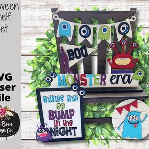 Halloween Monster Era Decor Shelf Sitter Set SVG Wood Glowforge Digital Cut File Laser Wood Cutting Interchangeable