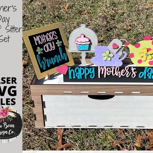 Mother&#39;s Day Tea Party Decor Shelf Sitter Set SVG Wood Glowforge Digital Cut File Laser Wood Cutting Interchangeable