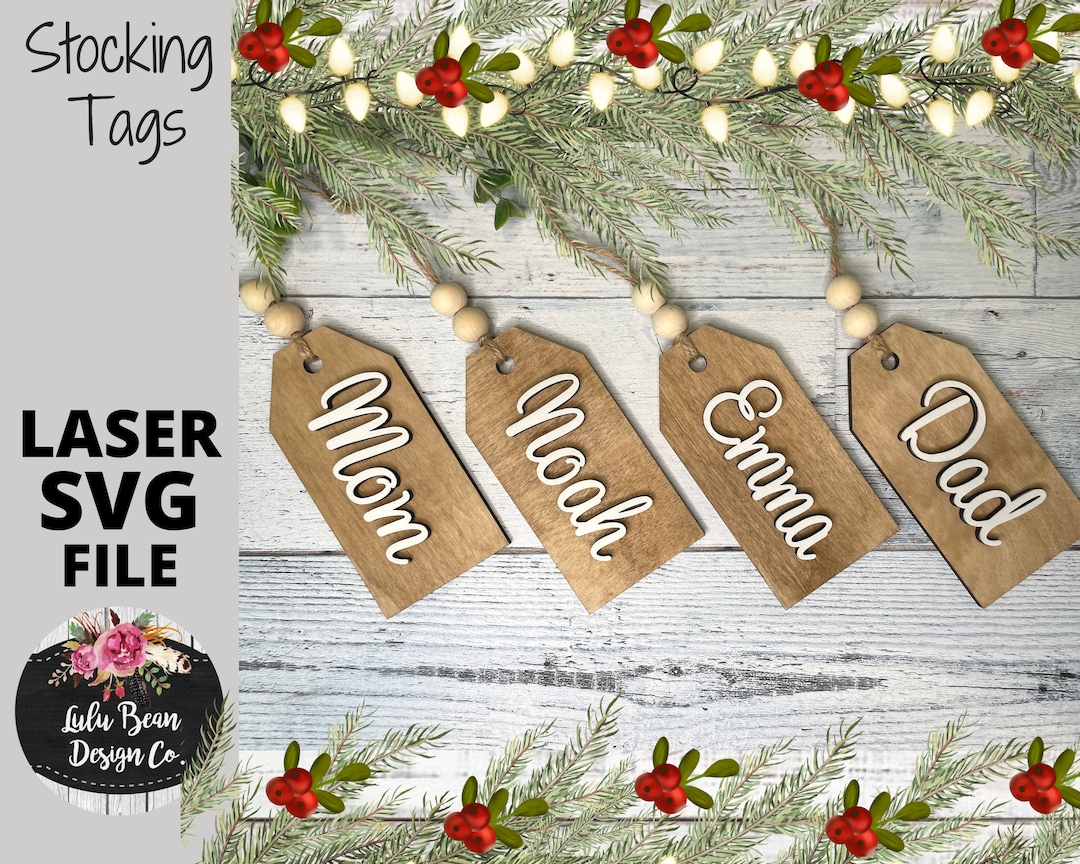Stocking Name Tags Christmas SVG Laser File Wood Personalized Digital