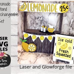 May include: A wooden lemonade stand with a yellow and white sign that says "LEMONADE 25¢". The stand has a wooden counter with a pitcher of lemonade, two glasses, and a sign that says "Ice cold Fresh Squeezed".