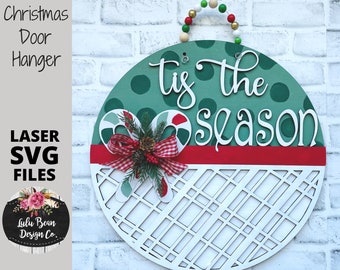 Tis the Season Plaid Candy Cane Round Door Hanger SVG laser file Digital Cut File Wood Cutting template