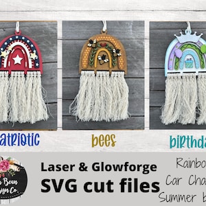 May include: Three rainbow-themed car charms with fringe. The charms are patriotic, bee, and birthday themed. Laser & Glowforge SVG cut files. Rainbow Car Charms Summer Bundle.