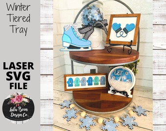 Winter Let it Snow Snowglobe Ice Skate Tiered Tray SVG Kit Wood Glowforge Laser File Sign Digital Cut File Laser Cutting