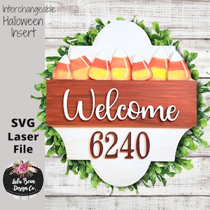 Halloween Candy Corn austauschbare saisonale Türschild Einfügen Willkommen Adresse Zahlen Laser Glowforge Cut Datei SVG Holz Vorlage
