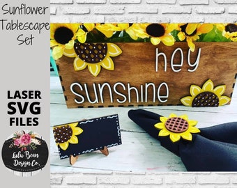 Sunflower Tablescape Centerpiece Name Cards Napkin Rings Wood Sign Template Glowforge File Digital Cut File Laser Cutting SVG