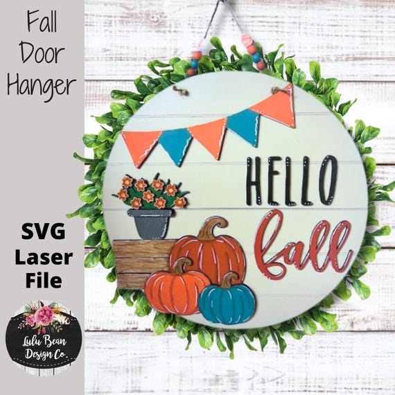Hello Fall Pumpkin Mum Banner Round Door Hanger SVG Sign Digital Cut File Laser Wood Cutting template