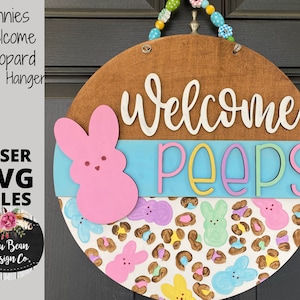 Bunnies Leopard Pattern Door Hanger Split Option pour Glowforge Sign SVG File Digital Laser Wood template