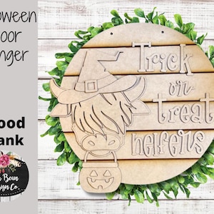 Trick or Treat Heifers Halloween Highland Cow Round Sign Cutout Shapes, Door Hanger Unfinished Wood Laser Cut, DIY, Many Size Options, Blank