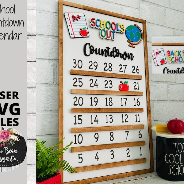 Calendrier scolaire compte à rebours SVG Fichier laser interchangeable Bois Découpe numérique Glowforge