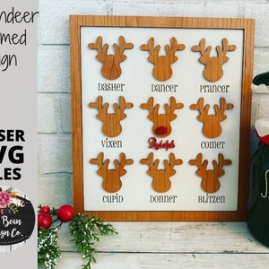 Rendieren silhouet namen Rudolph Framed Christmas Sign SVG laserbestand hout digitaal snijden Glowforge