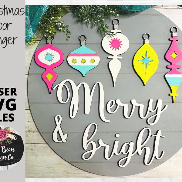 Merry and Bright Christmas Ornament Door Hanger SVG laser Glowforge Digital Cut File Wood Cutting template