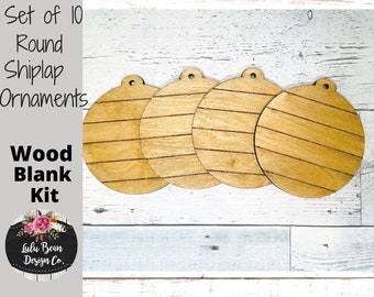 May include: Set of 10 round wood ornaments with a shiplap design. The ornaments are unfinished and ready to be painted or decorated.  The text "Set of 10 Round Shiplap Ornaments Wood Blank Kit" is visible in the image.  The image also includes a logo for Lulu Bean Design Co.