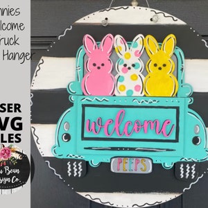 Welcome Bunnies Truck Door Hanger SVG Spring Sign Digital Cut File Laser Wood Round cutting template image 1