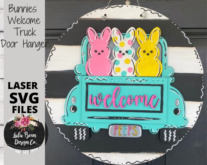 Welcome Bunnies Truck Door Hanger SVG Spring Sign Digital Cut File Laser Wood Round cutting template image 1