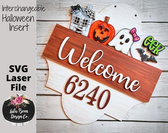 Halloween Interchangeable Seasonal Door Hanger Insert Welcome Address Numbers Laser Glowforge Cut File SVG Wood Template