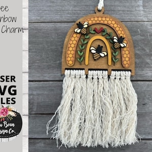 Bee Bees Beehive Rainbow Macrame Car Charm SVG laser Glowforge File Digital