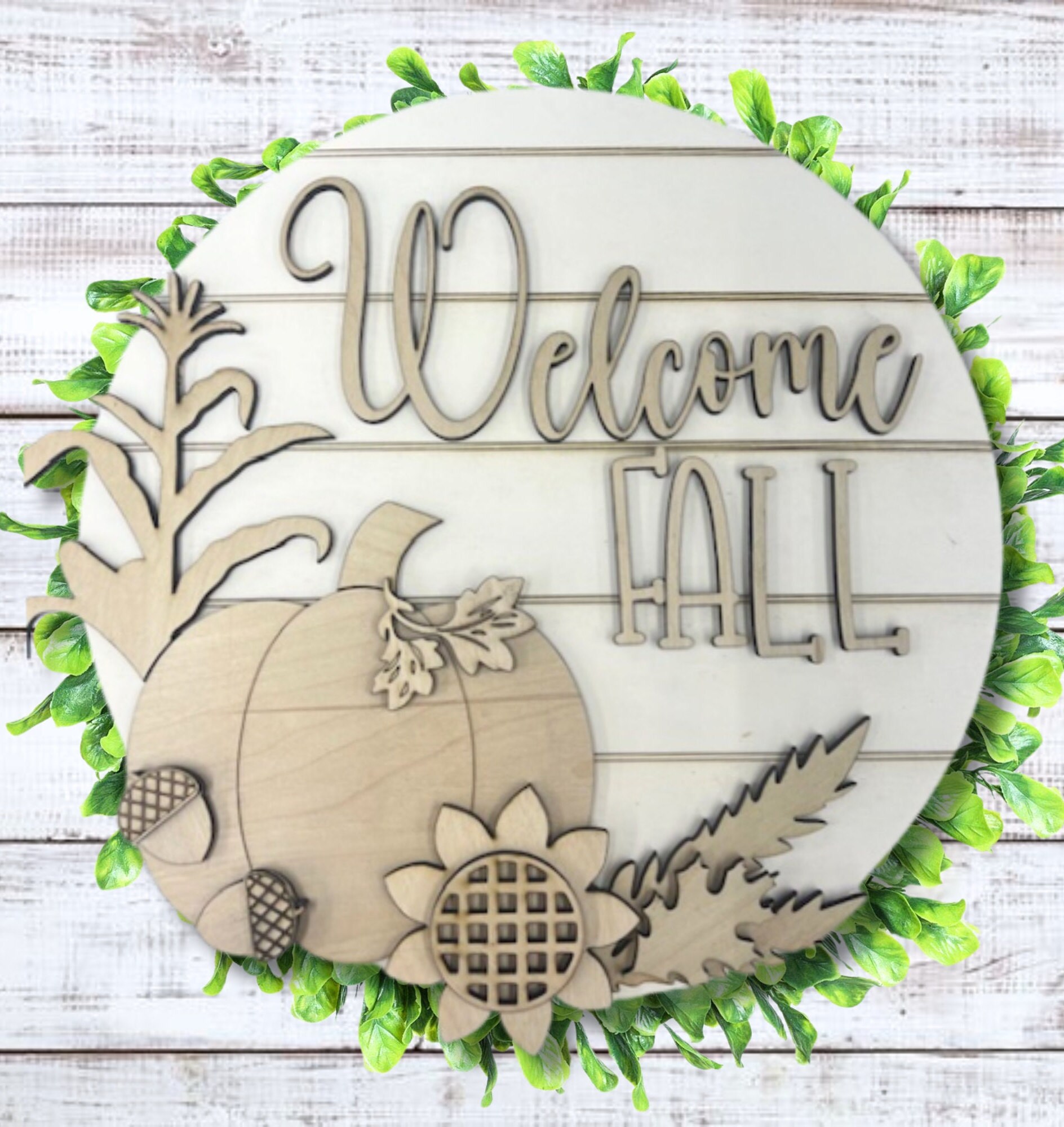 Welcome Fall Pumpkin Foliage Sunflower Acorn Round Door Hanger SVG