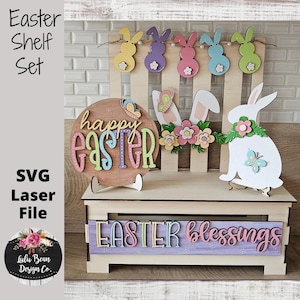 Easter Blessings Spring Bunny Shelf Sitter Tiered Tray Set SVG Wood Glowforge Digital Cut File Laser Wood Cutting Interchangeable