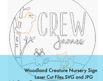 Woodland Creature Animal Nursery Name Sign Fox Raccoon Bear Trees Round Digital Cut File Laser Wood Cutting svg jpg