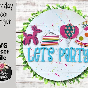 Vamos festa de aniversário porta cabide redondo sinal svg arquivo balão animal digital laser madeira split modelo Glowforge