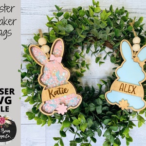 Pâques Basker Shaker Tags Bunny Shaker ornement Fichier laser SVG personnalisé découpe numérique en bois Glowforge