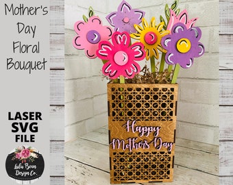 Mother's Day Spring Floral Bouquet Flowers Rattan Vase Gift Bag SVG File Digital Laser Wood Glowforge template