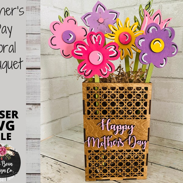 Mother's Day Spring Floral Bouquet Flowers Rattan Vase Gift Bag SVG File Digital Laser Wood Glowforge template