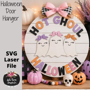 Hot Ghoul Halloween Ghost Girl Bow Door Hanger SVG laser file Digital Cut File Wood Cutting template