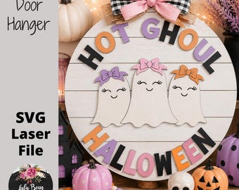 Hot Ghoul Halloween Ghost Girl Bow Door Hanger SVG laserbestand Digitaal snijbestand Houtsnijsjabloon