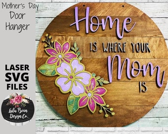 Mother's Day Floral Round Wood Sign Door Hanger Template Glowforge File Digital Cut File Laser Cutting SVG