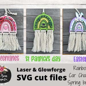 3er Set Frühling Regenbogen Makramee Auto Charm SVG Laser Glowforge Datei Digital Valentines Ostern St Patricks Day