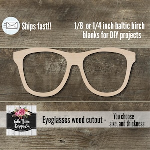 Wood Eyeglasses Glasses Cutout Shape, Unfinished Wood Laser Cut Shape, DIY Craft Supply, Many Size Options, Blank Wood Shapes