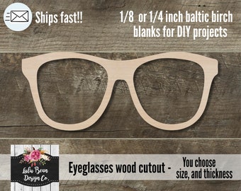 Wood Eyeglasses Glasses Cutout Shape, Unfinished Wood Laser Cut Shape, DIY Craft Supply, Many Size Options, Blank Wood Shapes