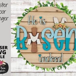 He is Risen Indeed Easter Cross Door Hanger SVG Spring bunny ears flowers Sign Digital Cut File Laser Wood Round cutting template image 1