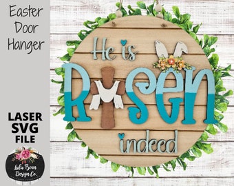 He is Risen Indeed Easter Cross Door Hanger SVG Spring bunny ears flowers Sign Digital Cut File Laser Wood Round cutting template