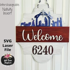 Christmas Nativity Seasonal Door Hanger Insert Welcome Address Numbers Laser Glowforge Cut File SVG Wood Template