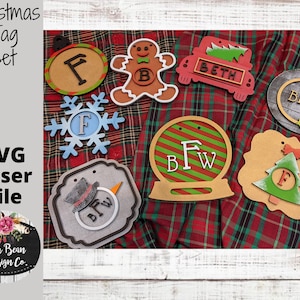 Christmas Theme Bogg Bag Tags Monogram Monogrammed Kit Wood Glowforge SVG File Digital Cut Laser Cutting