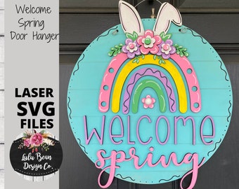 Boho Rainbow Bunny Spring Welcome Door Hanger Split Option Sign SVG File Digital Laser Wood Glowforge template