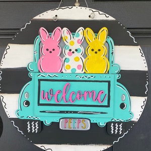 Welcome Bunnies Truck Door Hanger SVG Spring Sign Digital Cut File Laser Wood Round cutting template image 2