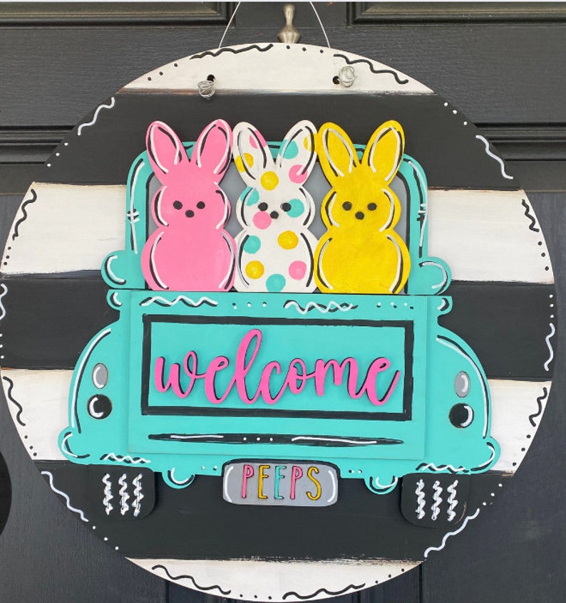 Welcome Bunnies Truck Door Hanger SVG Spring Sign Digital Cut File Laser Wood Round cutting template image 2