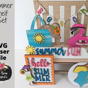 Summer Fun Beach Flamingo Shelf Sitter Tiered Tray Set SVG Wood Glowforge Digital Cut File Laser Wood Cutting Interchangeable