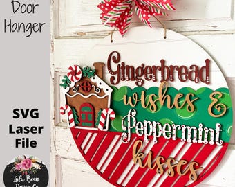Peperkoekwensen en pepermuntkusjes kerst ronde deurhanger SVG laser Glowforge-bestand sjabloon digitaal snijden hout snijden