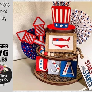 Patriotic Tiered Tray SVG file Wood Glowforge File July 4th Mini Signs Digital Cut File Laser Cutting