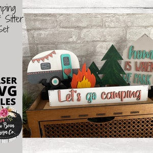 Camping Decor Shelf Sitter Set SVG Madera Glowforge Archivo de corte digital Corte de madera láser Intercambiable